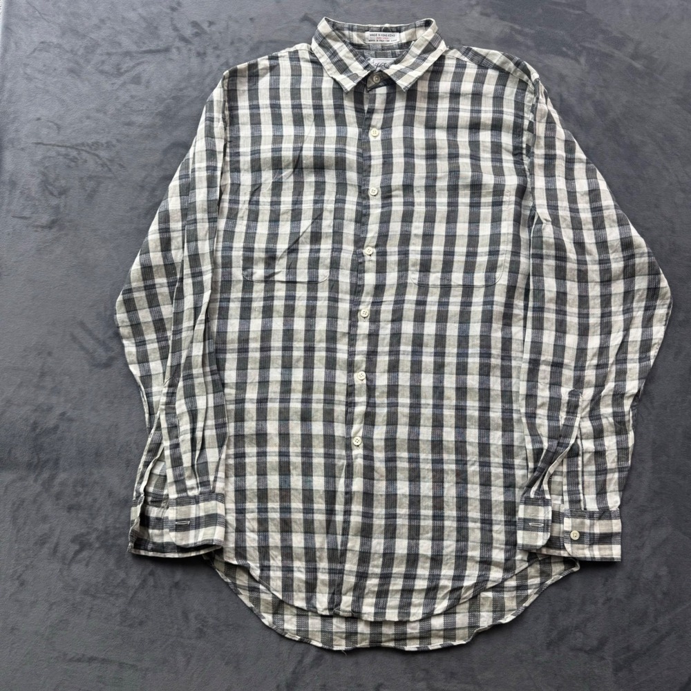 Saks Fifth Avenue Mens Pure Linen Check Button Down Shirt Grey White Size M